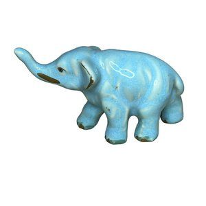 Vintage Ceramic Blue Glazed Elephant Figurine Trunk Up Gold Details